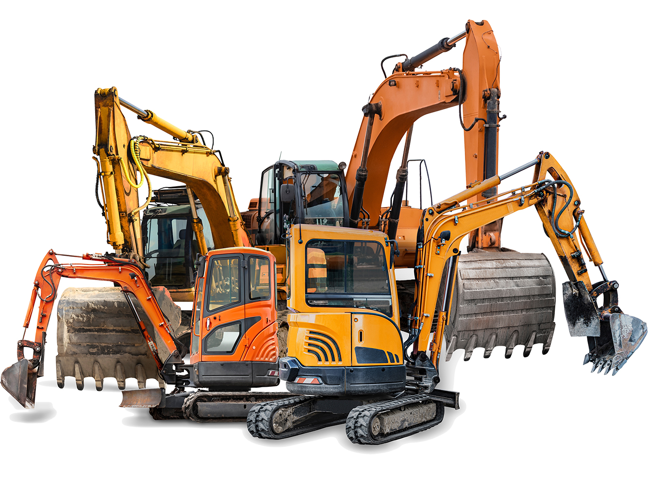Group,Of,Different,Excavators,Isolated,On,White,Background.,Mini,Excavators.
